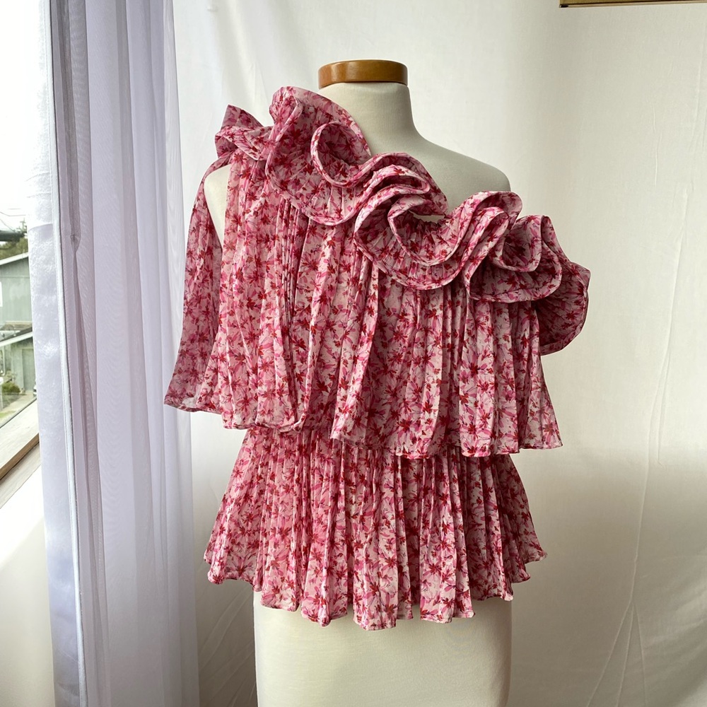 AMUR Portia Pleat Ruffle One-Shoulder Top XS Pink